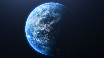 A view of planet earth from space with clouds and a blue atmosphere glow edge