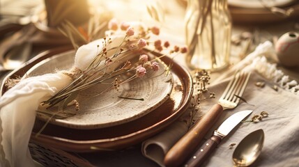 Bohemian Table Setting with Artisanal Ceramics and Vintage Silverware, Close-Up of Rustic Dining Decor with Dried Florals and Textured Linens, Ideal for Restaurant Menu or Wedding Invitation Design