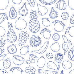 Seamless pattern with cute outline fruits and berries. Doodle print for banner, wallpaper, textile, wrapping paper, background, cards. Vector illustration in flat style