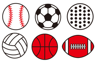 野球、サッカー、ゴルフ、バレー、バスケット、ラグビー、色々なスポーツのボールのシンプルにデザインしたアイコンやシンボル等に使いやすいベクターのイラストのコレクション © Yoshio Demizu