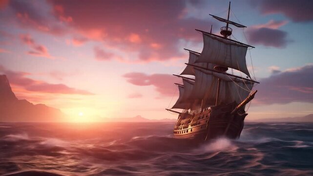 A galley ship sailing across the sea or ocean with waves at sunset, under a sky of pink clouds. Epic adventurous scene for a history of pirates, treasures, exploration, and historical conquests 