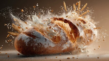 A rustic loaf undergoes a dramatic transformation, enveloped in a powerful splash of cream and the essence of wheat against a dark backdrop
