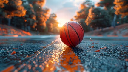 Wet Basketball on Outdoor Court with Bokeh Lights in the Rain concept weather illuminated rain recreation