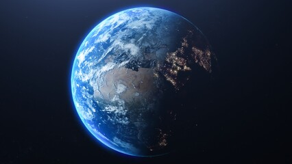 Earth from space showing europe and africa with city lights at night visible