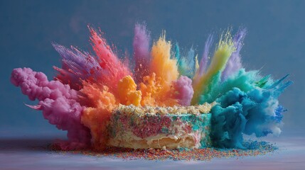 A cake becomes the epicenter of a breathtaking explosion of vibrant colored powders, symbolizing pure joy and celebratory energy