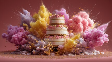 A majestic tiered cake is embraced by a magical explosion of pink, yellow, and lavender powder, creating a scene of grand celebration and whimsical delight