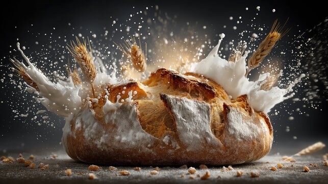 A rustic loaf undergoes a dramatic transformation, enveloped in a powerful splash of cream and the essence of wheat against a dark backdrop