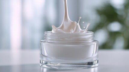 A luxurious white cream bursts from a clear jar in an elegant splash, suggesting purity and richness in a clean, bright setting