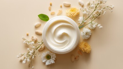 A jar of swirling white cream is artfully arranged with delicate flowers and natural elements, embodying the essence of natural beauty and gentle skincare