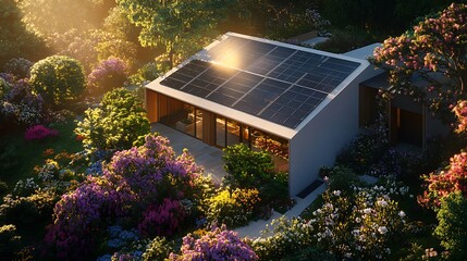 Solar panel installation modern home with garden sustainable energy residential property renewable power