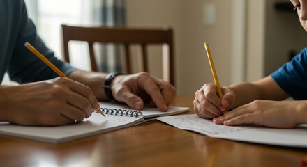 An adult assists a child with their homework at a wooden table, both writing with pencils on separate sheets of paper.