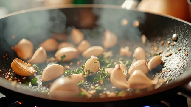 Cooking sauteed garlic cloves with herbs in a pan. Food preparation concept.