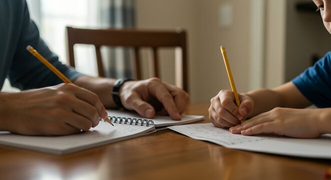 An adult assists a child with their homework at a wooden table, both writing with pencils on separate sheets of paper. - Powered by Adobe