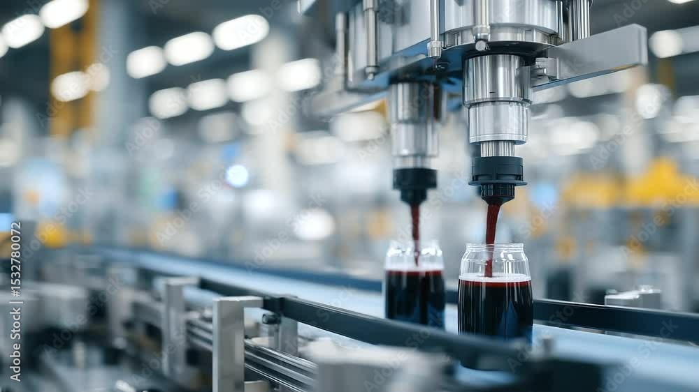 Poster precision-engineered beverage filling machines deposit berry juice with smooth flow into transparent