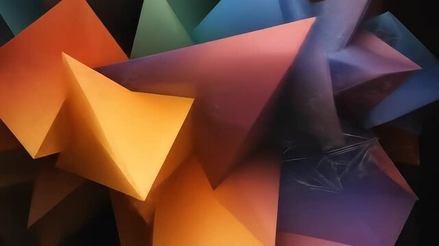 Abstract geometric shapes in vibrant colors, overlapping and intersecting in a complex arrangement.  Intense hues of orange, blue, and purple create a dynamic composition. 