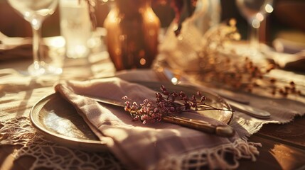 Bohemian Table Setting with Artisanal Ceramics and Vintage Silverware, Close-Up of Rustic Dining Decor with Dried Florals and Textured Linens, Ideal for Restaurant Menu or Wedding Invitation Design