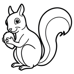 Adorable Squirrel Illustration: A Charming Black and White Drawing of a Squirrel Holding a Nut, Perfect for Coloring Books, Educational Materials, and Wildlife-Themed Designs and crafts project