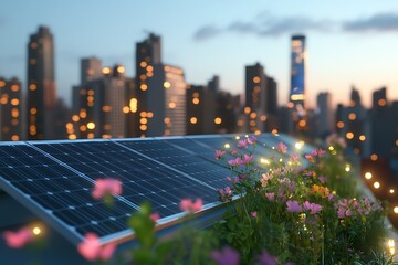 Solar panels rooftop garden urban sustainability renewable energy cityscape at dusk alternative power source