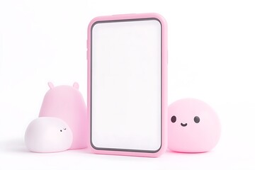 Pink phone case mockup with cute characters for product display and advertising on white background