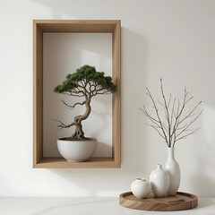 Minimalist Zen Bonsai Display on Wooden Console Table