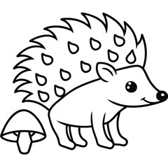 Charming Black and White Illustration of a Hedgehog with Mushroom: A Delightful Coloring Page for Kids Showcasing Simple Lines, Nature, and Whimsical Animal Artwork Depicting an Adorable Creature