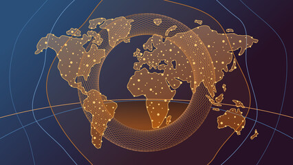 Quantum fractal circles background for global data concept, blue and orange tones connected dots sphere lines wireframe world map, gold mines, concept of data science, technology, ai, data center