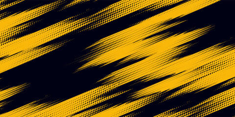 Halftone yellow dots pattern and black gradient grunge texture background. Dotted line comic sport style vector illustration.