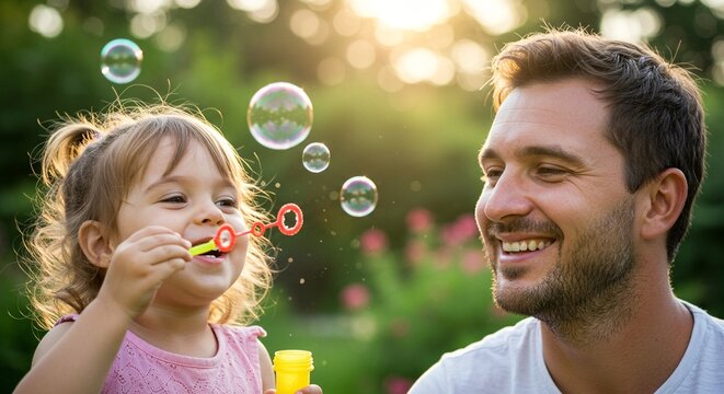 A happy father watching his daughter blow bubbles in a sun-drenched garden, creating a magical and joyful moment together.