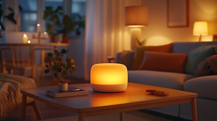 Ambient living space with illuminated lamp on table creating a peaceful atmosphere