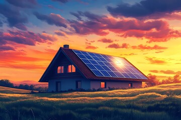 Solar panel installation on house roof for renewable energy at sunset illustration art design