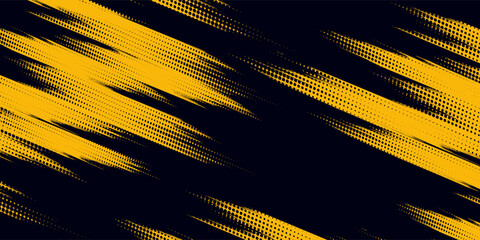 Halftone yellow dots pattern and black gradient grunge texture background. Dotted line comic sport style vector illustration.