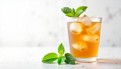 Fototapeta premium Iced tea with mint sprig, refreshing beverage, with copy space. Glass of iced tea with ice cubes and fresh mint leaves. This refreshing beverage is perfect for summer days.