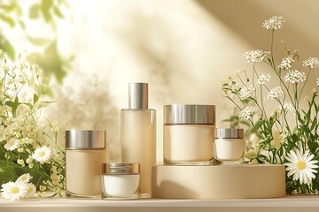 Premium skincare product photography for beauty cream and lotion with floral background and elegant presentation