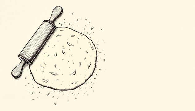 Rolling pin with dough, line art in black strokes, with copy space