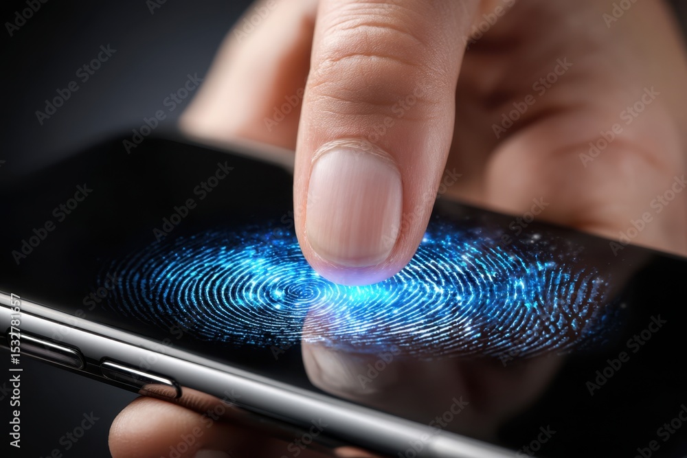 Poster fingerprint recognition technology in action on mobile device screen at close proximity