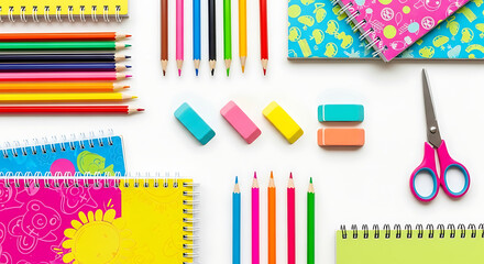 Obraz premium Bright Colorful Back to School Supplies Pencils, Notebooks, Erasers, and Scissors