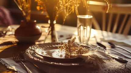 Bohemian Table Setting with Artisanal Ceramics and Vintage Silverware, Close-Up of Rustic Dining Decor with Dried Florals and Textured Linens, Ideal for Restaurant Menu or Wedding Invitation Design