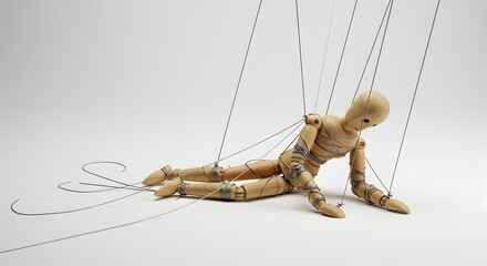 A lone puppet marionette entangled in fine thread