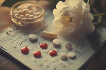 A symbolic still life depicting birth control pills for spacing and scheduling pregnancies.