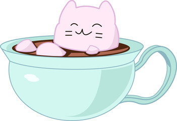 Pastel pink cat shape is floating in blue cup with brown drink, flat design, transparent background
