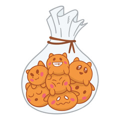 Flat design showing clear bag tied by string holding orange cat-cookie faces transparent background