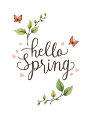 Hello Spring hand lettering composition with new leaves and butterflies