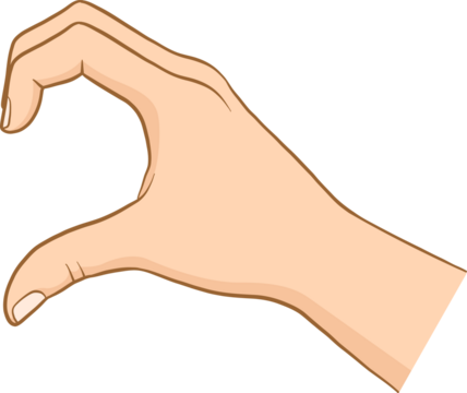 Cartoon style right hand is forming pinch gesture with vector lines, transparent background