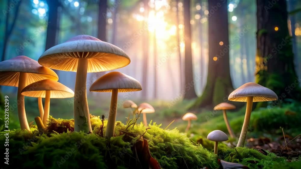 Poster mushroom cluster growing on mossy ground in a serene forest with sunlight streaming through the tree