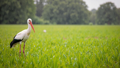 Fototapeta premium White stork ciconia ciconia in green field. Elegant white stork bird standing in lush grass meadow. Majestic bird photography for wildlife documentaries or nature publications.