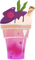 Flat design showing dessert drink in pink cup with wafer stick, toppings on transparent background