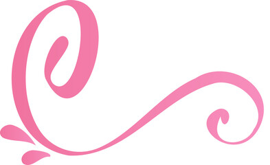 Pink flourish is curving in flat illustration, showing spirals, teardrops on transparent background