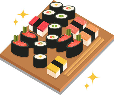 Wooden tray is floating on transparent background in flat with sushi pieces chopsticks and sparkle
