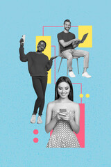 Banner vertical art collage of happy business partners girl guy freelancer receive chart...