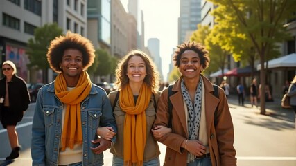 A trio of friends walks hand in hand along a lively urban street, sharing smiles and wearing matching scarves as they soak in the warmth of a sunny afternoon - Powered by Adobe